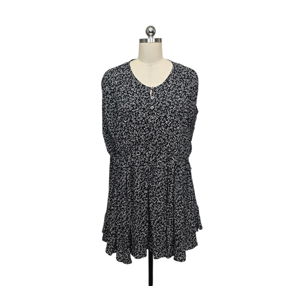Free People Black Floral Button Front Rayon Mini Dress Womens Small Boho‎ 13331